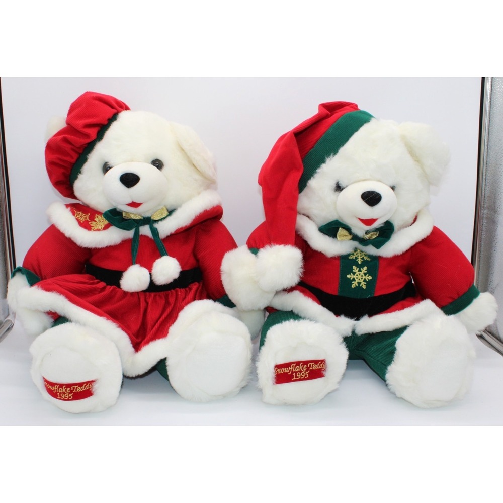 VTG 1995 SNOWFLAKE TEDDY 18" Plush CHRISTMAS Boy And Girl White Bear Pair